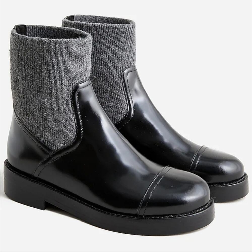 NEW J. Crew Rib-Cuff Chunky Ankle Boots Italian Leather Black Size 6.5